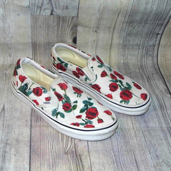 Vans Shoes - VANS Classic Slip On Red Roses Sneakers Womens Size 8